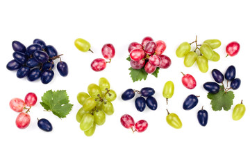 green pink and blue grapes with leaves isolated on the white background with copy space for your...