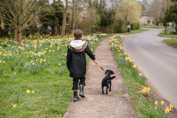 Taking the dog for a walk through an English village in Spring