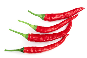 red hot chili peppers isolated on white background. Top view. Flat lay pattern