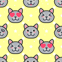 Cute cat with various emotions. Seamless pattern. Vector illustration
