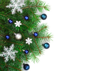 Christmas background with balls and decorations isolated on white with copy space for your text. Top view