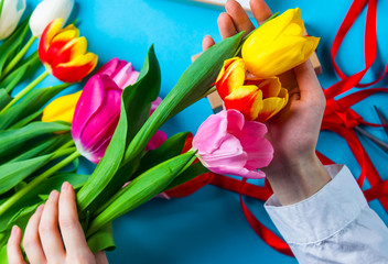 Female hands are holding tulip flowes on blue background