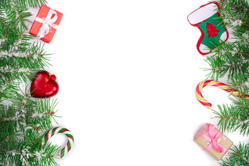 Christmas Frame of Fir tree branch with snow isolated on white background with copy space for your text. Top view