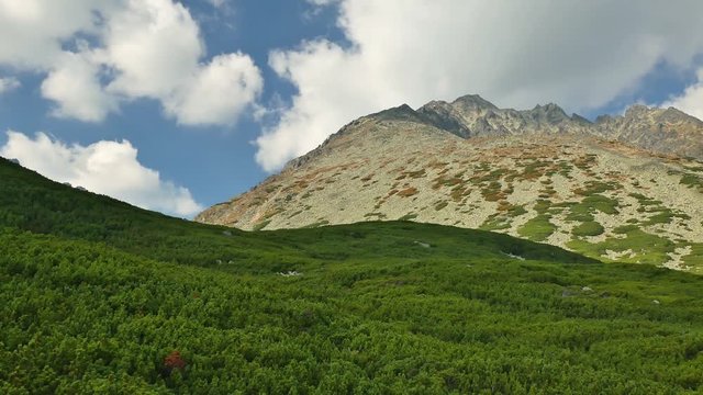 Left to right pan over Gerlachovsky kotol, mountain pine layer and slavkovsky stit in the distance. (High Tatra, Slovakia)