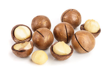 Shelled and unshelled macadamia nuts isolated on white background