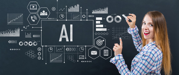 AI with young woman writing on a blackboard