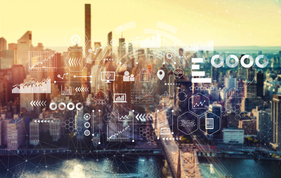 Virtual icons and graphs with the New York City skyline near midtown
