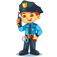 Police Officer Boy Checking Information With Walky Talky