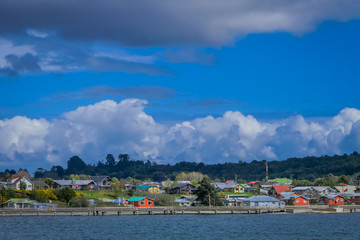Beautiful outdoor view of buildings in the horizont of Chacao in Chilean mainland