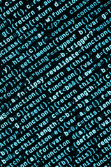 JavaScript code in text editor. Coding cyberspace concept. Screen of web developing code