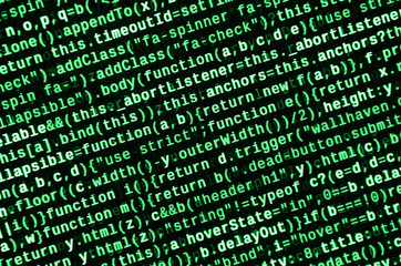 JavaScript code in text editor. Coding cyberspace concept. Screen of web developing code