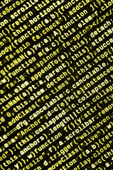 Javascript functions, variables, objects. Monitor closeup of function source code. IT specialist...