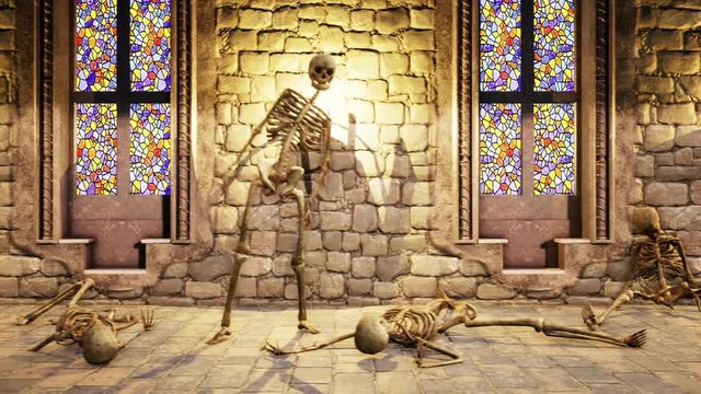 Seamless animation of skeletons dancing in a mystic castle. Halloween background.