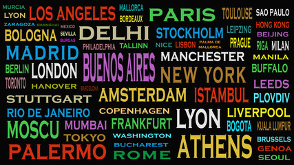 Cities of the world, travel destinations word cloud concept