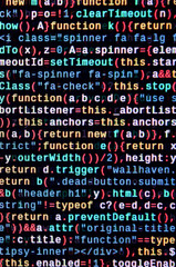 JavaScript code in text editor. Coding cyberspace concept. Screen of web developing code