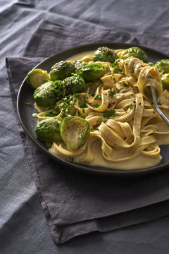 Healthy Vegan Alfredo Pasta with Brussels Sprouts