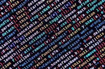 JavaScript code in text editor. Coding cyberspace concept. Screen of web developing code