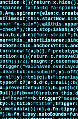 JavaScript code in text editor. Coding cyberspace concept. Screen of web developing code