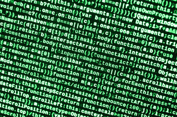 Javascript functions, variables, objects. Monitor closeup of function source code. IT specialist...