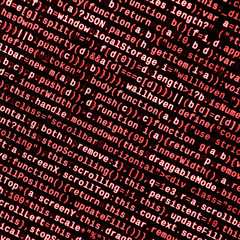 Writing programming code on laptop. Digital binary data on computer screen