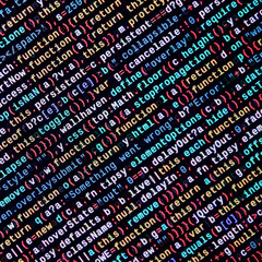 Javascript functions, variables, objects. Monitor closeup of function source code. IT specialist...