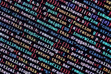 Javascript functions, variables, objects. Monitor closeup of function source code. IT specialist...