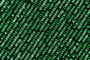 Javascript functions, variables, objects. Monitor closeup of function source code. IT specialist...