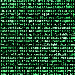 Javascript functions, variables, objects. Monitor closeup of function source code. IT specialist...