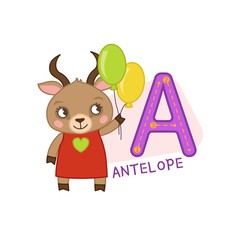Vector cute kids animal alphabet. Letter A. Cute cartoon antelope. 