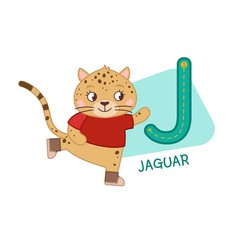 Vector cute kids animal alphabet. Letter J. Cute cartoon jaguar.