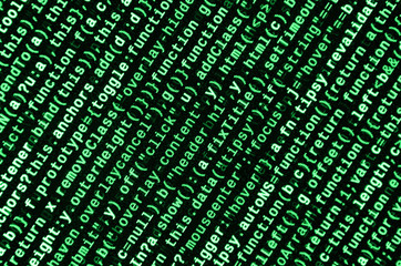 Javascript functions, variables, objects. Monitor closeup of function source code. IT specialist...