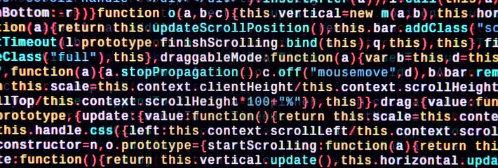 Writing programming code on laptop. Digital binary data on computer screen