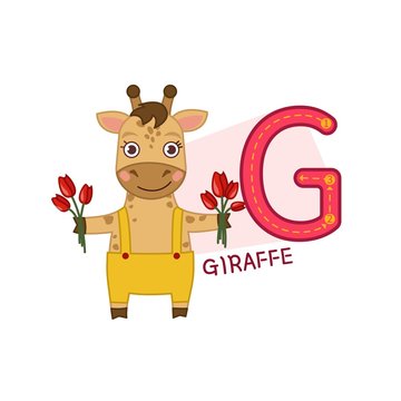 Vector cute kids animal alphabet. Letter G. Cute cartoon giraffe. 
