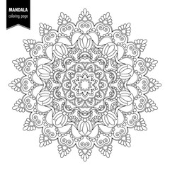 Monochrome ethnic mandala design. Anti-stress coloring page for adults. Hand drawn illustration
