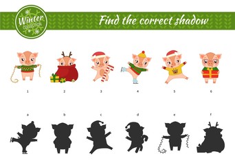 Educational  game for children. Find the right shadow. Kids activity with cartoon pigs in different poses.
