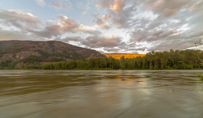 Mountain view and the North Thompson River along the Southern Yellowhead Highway in British...