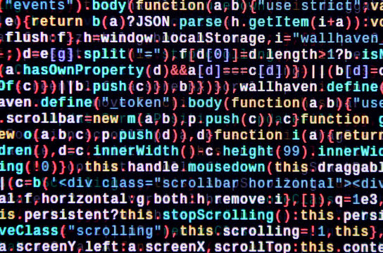 JavaScript code in text editor. Coding cyberspace concept. Screen of web developing code