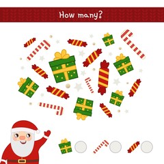 Counting educational children game, math kids activity sheet. How many objects task. Christmas set. Vector cartoon gifts and candies.