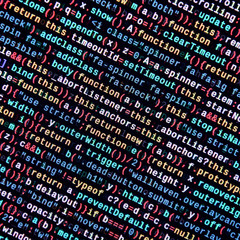 Writing programming code on laptop. Digital binary data on computer screen