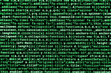 Writing programming code on laptop. Digital binary data on computer screen
