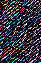 JavaScript code in text editor. Coding cyberspace concept. Screen of web developing code