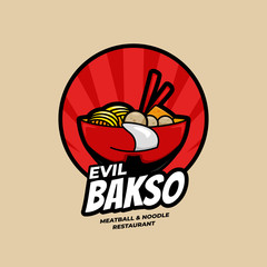 Fototapeta premium Evil Ramen Bakso Meatball and Noodle Restaurant bowl with face logo symbol icon illustration