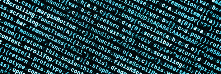 JavaScript code in text editor. Coding cyberspace concept. Screen of web developing code