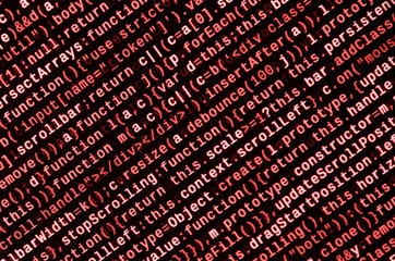 Javascript functions, variables, objects. Monitor closeup of function source code. IT specialist...