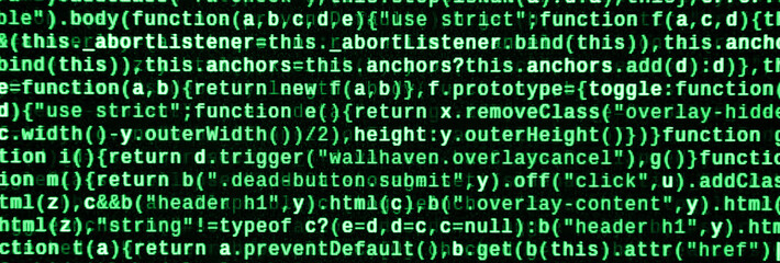 Javascript functions, variables, objects. Monitor closeup of function source code. IT specialist...