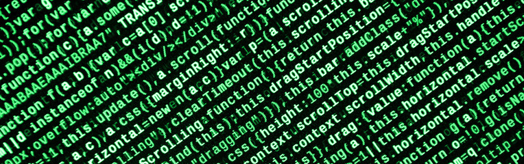 Javascript functions, variables, objects. Monitor closeup of function source code. IT specialist...