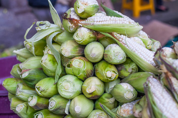marzorcas de maiz, elotes frescos en mercado con hojas verdes