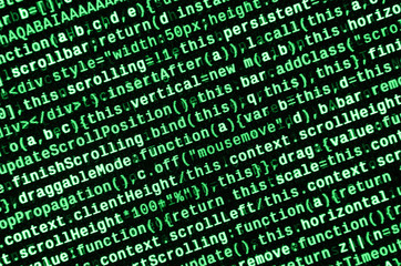 Javascript functions, variables, objects. Monitor closeup of function source code. IT specialist...
