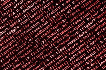 Javascript functions, variables, objects. Monitor closeup of function source code. IT specialist...