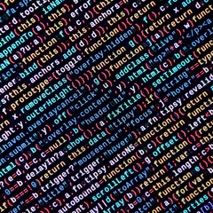 Writing programming code on laptop. Digital binary data on computer screen